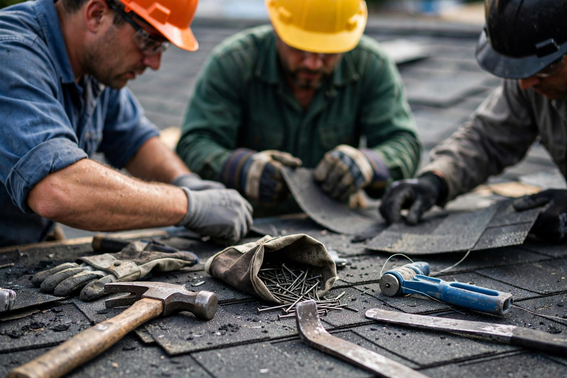 Roofing crew working with tools on shingles in daylight