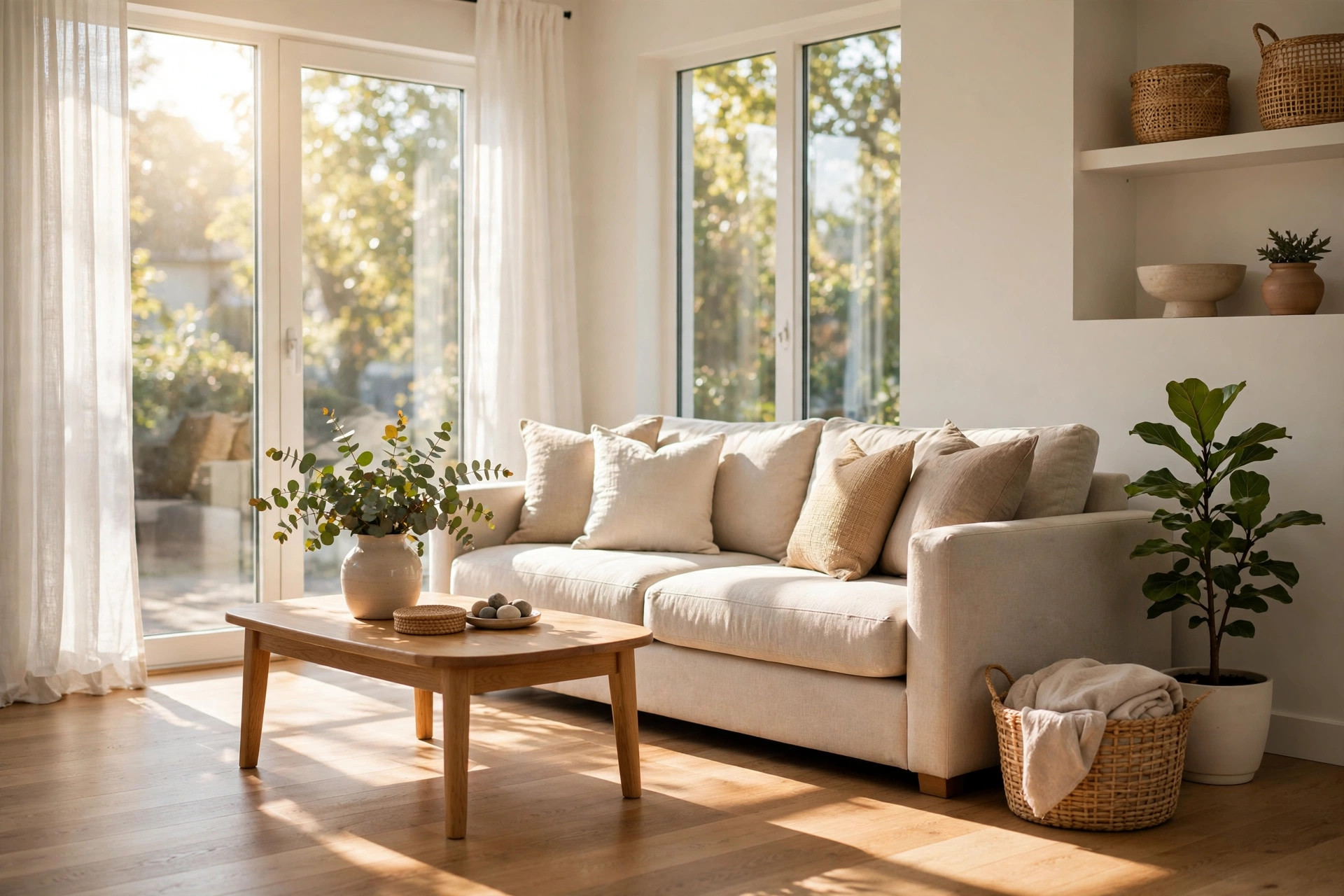 Bright, freshly cleaned sunlit living room
