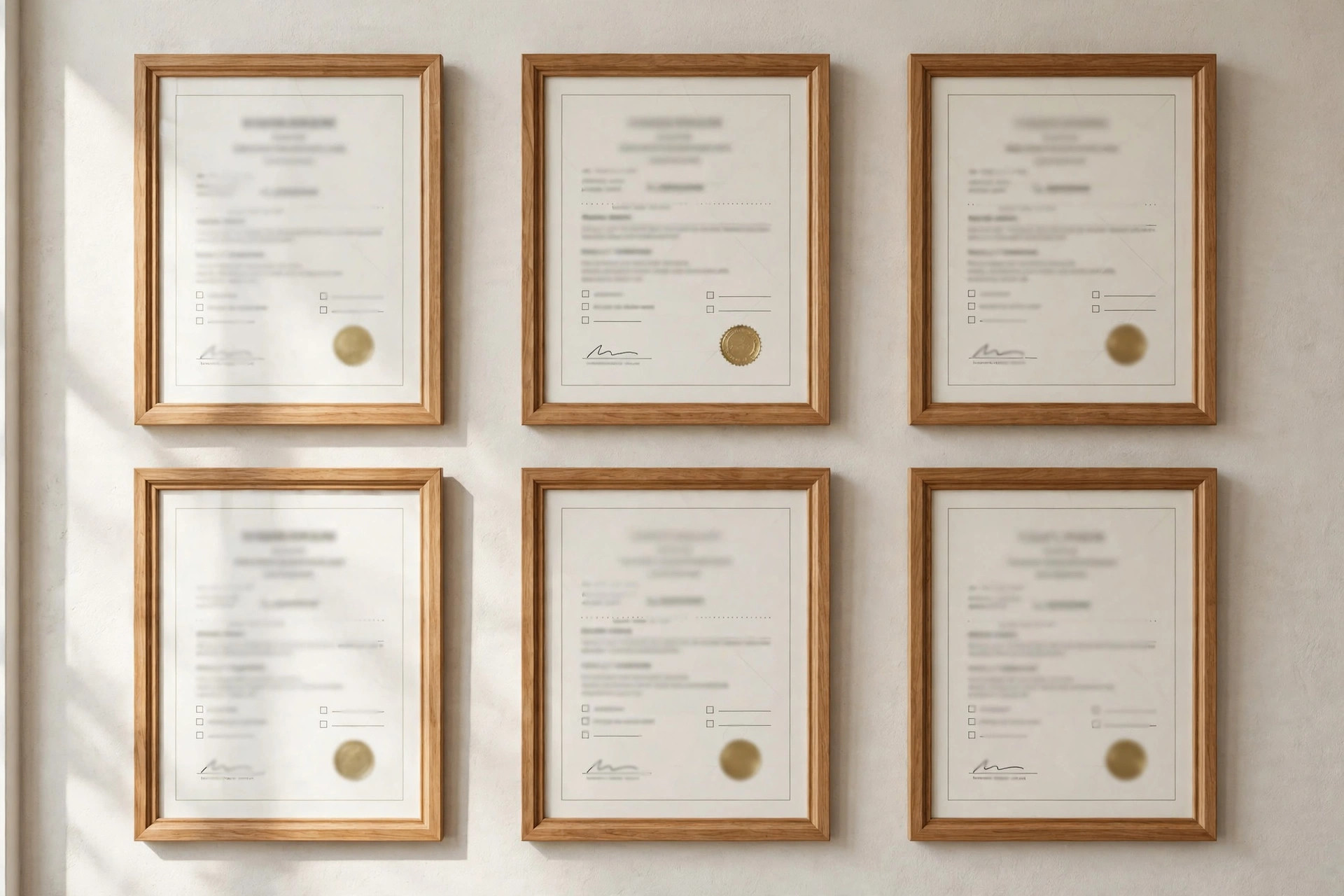 Framed licenses and certificates arranged on an office wall