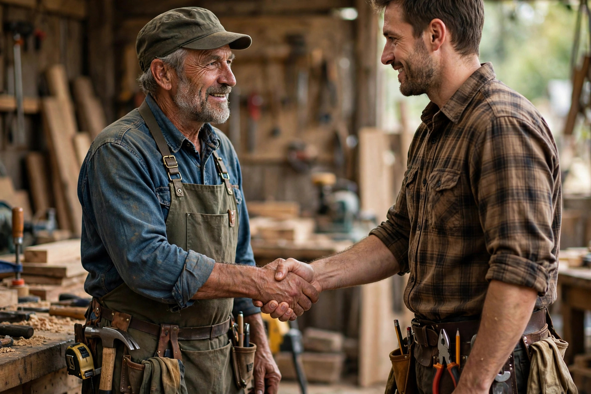 Two craftspeople shaking hands in a workshop