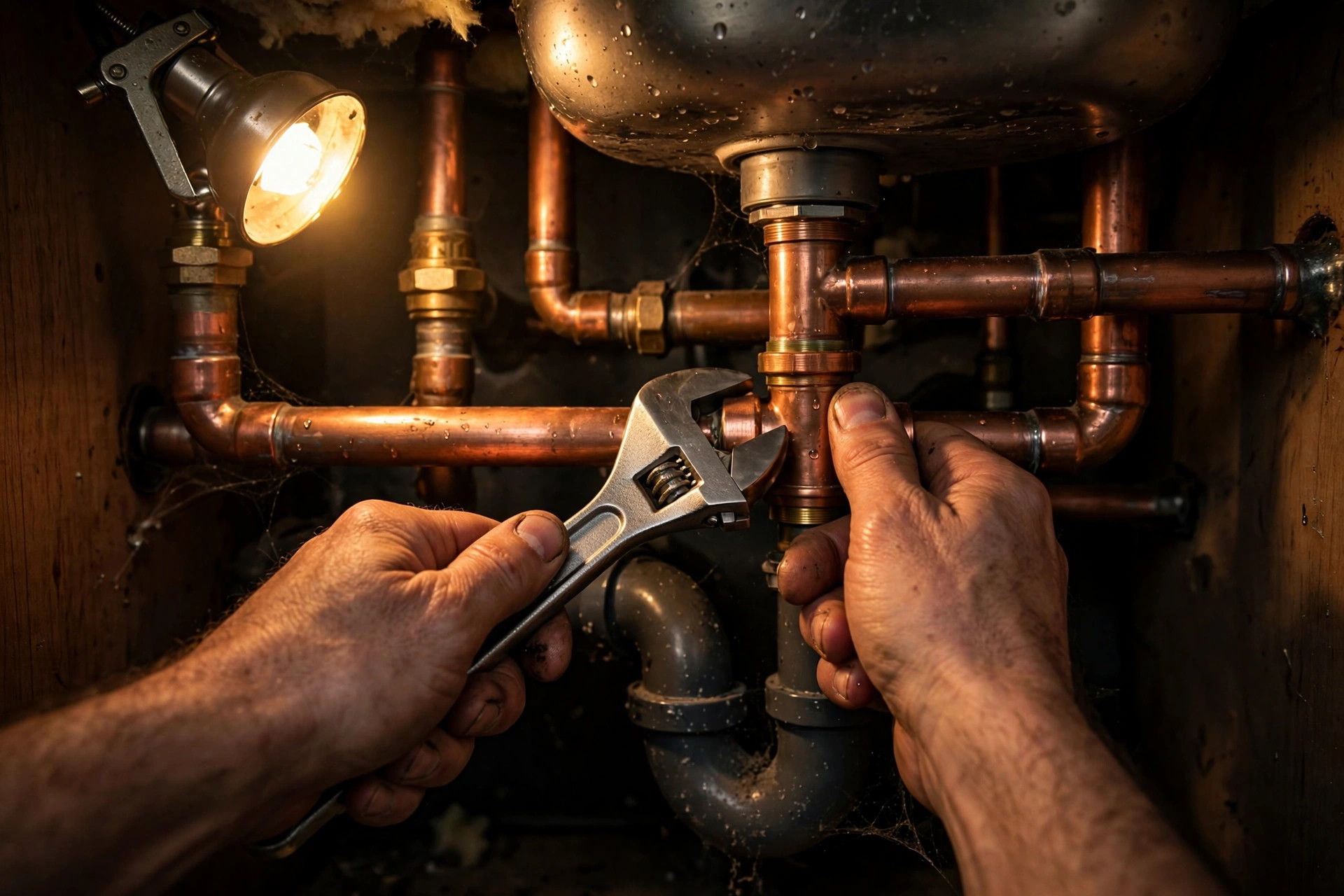 Plumber's hands using a wrench on copper pipes beneath a sink