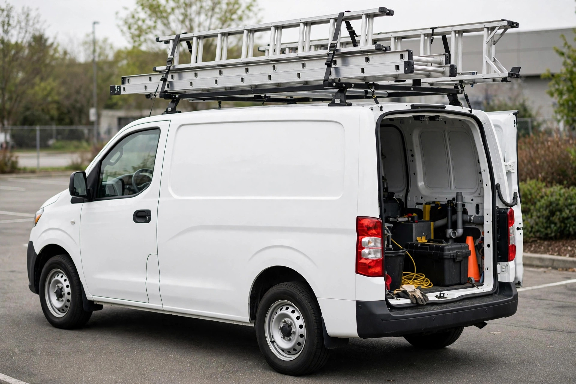 White service van with ladders secured to the roof rack